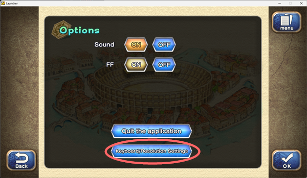 Options Window with Keyboard and Resolution settings