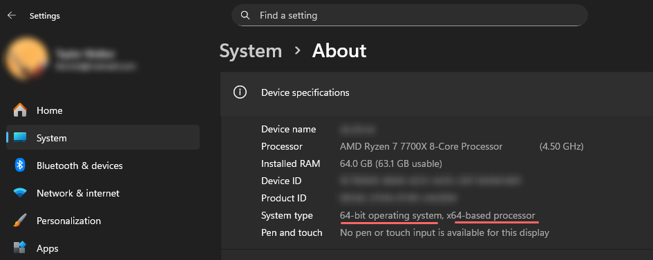 How to locate OS and processor architecture to confirm 64-bit on Windows