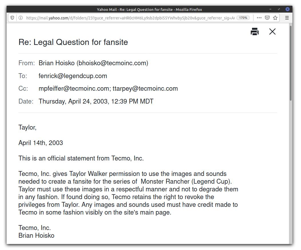 Tecmo's letter of permission for free use of Intellectual property