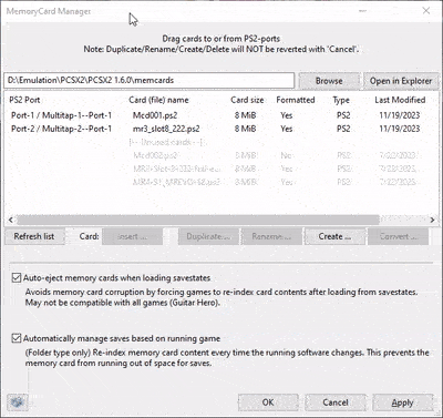 PCSX2 changing memory card files to a port